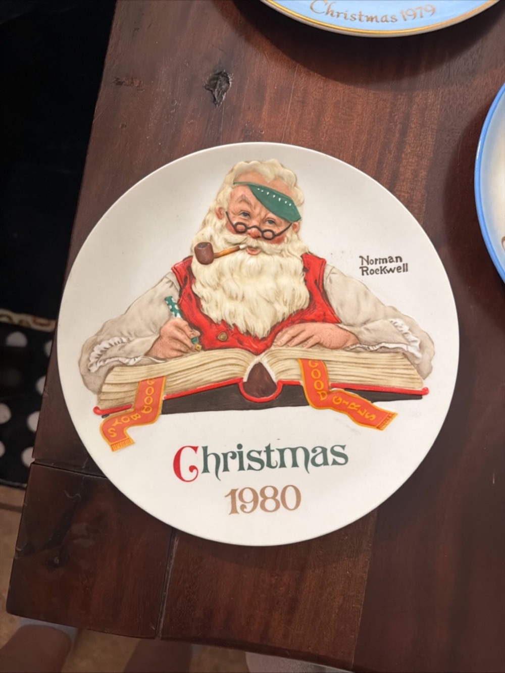 Norman Rockwell Santa Plate with Red, Green, Cream and Gold Accents